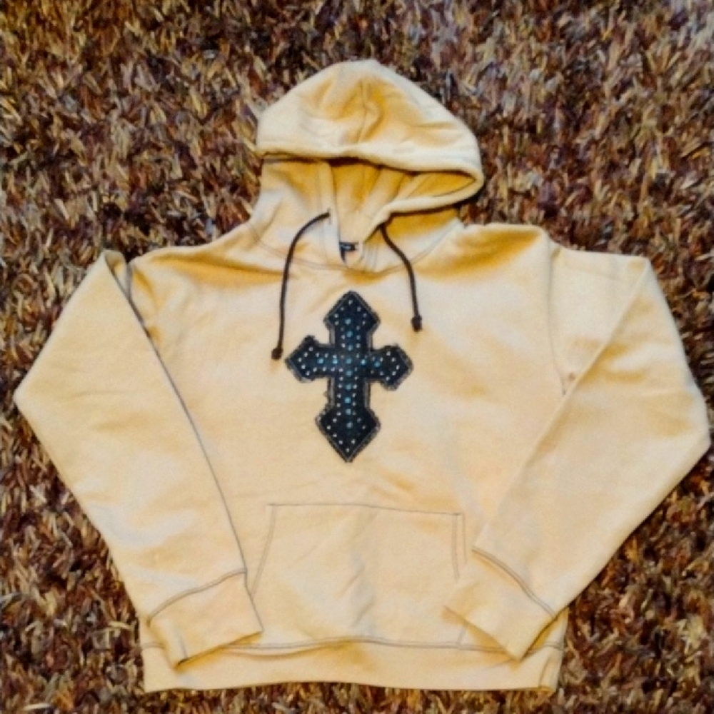 Beige Hoodie with Pocket. Denim patch turquoise stones and silver rivets Jr Lg